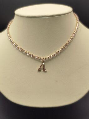 Gold Baguette Tennis Choker Necklace Initial A Pendant Rhinestone 16" Clasp